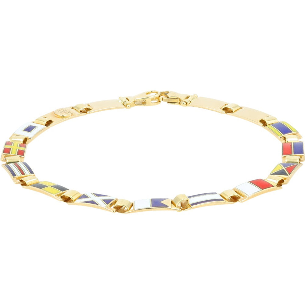 14K Yellow Gold Nautical Sailing Flag Enamel Link Bracelet - 8.25 Inch Length