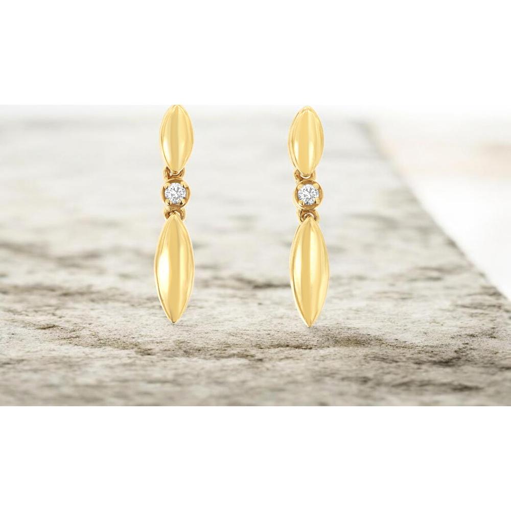 14K Yellow Gold Navette Drop Earrings with Bezel Set Round Diamonds - 0.02 Carat Total Diamond Weight - Royal Jewelry
