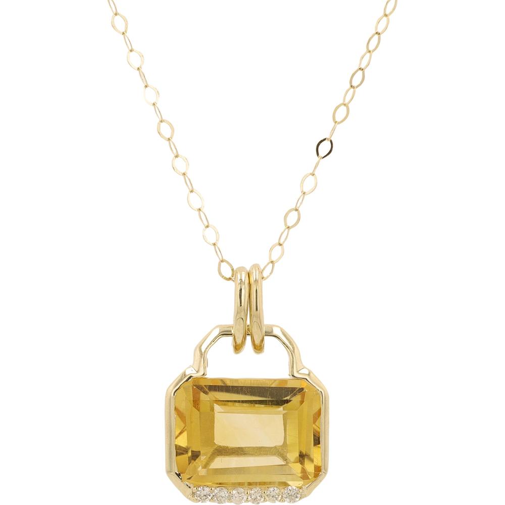 14K Yellow Gold Necklace with 1.50 - 2.00 Carat Emerald - Cut Citrine and 0.03 Carat Diamond Accents