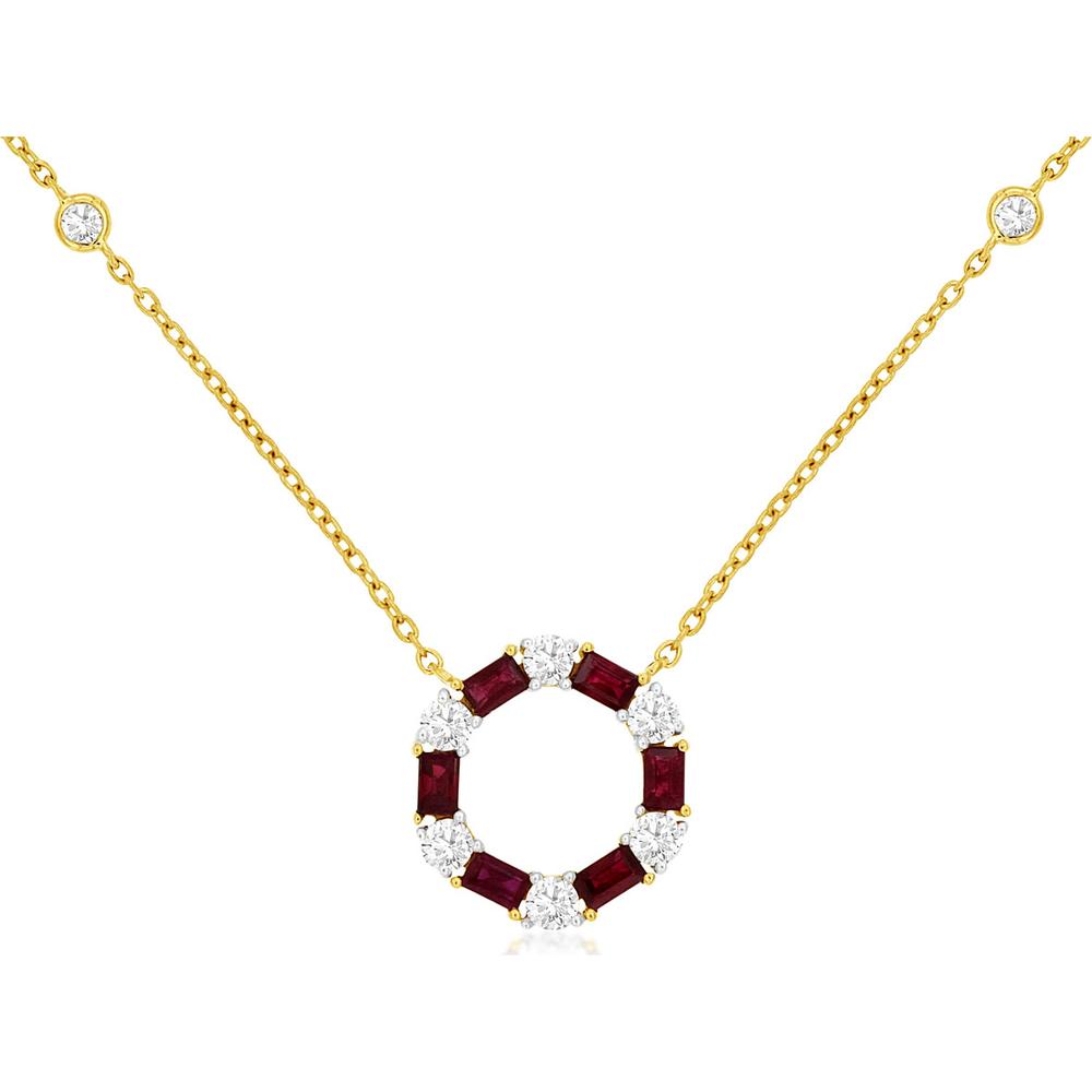 14K Yellow Gold Necklace with Baguette Rubies and Round Diamonds - 1.20 Carats Total Gem Weight