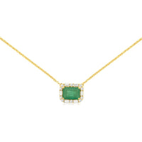 14K Yellow Gold Necklace with Emerald Cut Emerald and Diamond Halo Accent - 1.18 Carat Total Gem Weight - Royal Jewelry