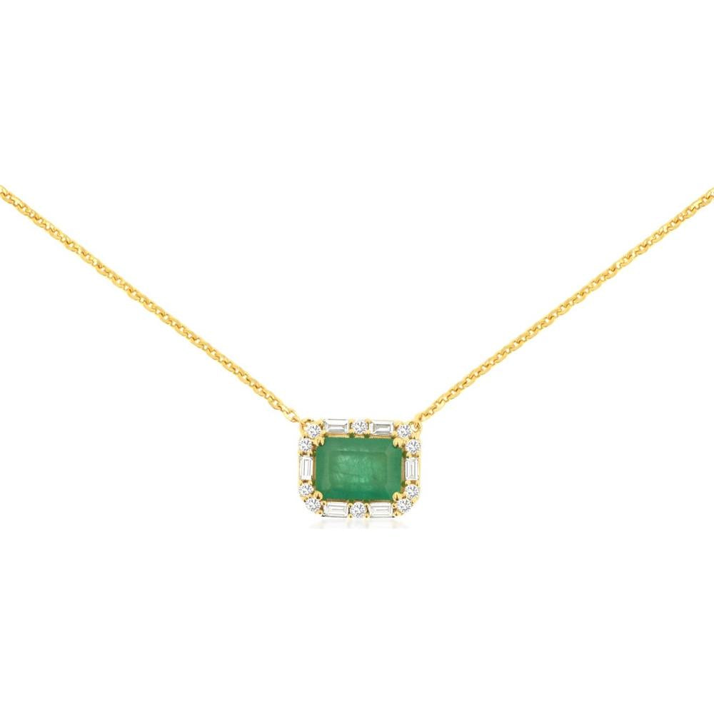 14K Yellow Gold Necklace with Emerald Cut Emerald and Diamond Halo Accent - 1.18 Carat Total Gem Weight - Royal Jewelry