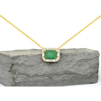 14K Yellow Gold Necklace with Emerald Cut Emerald and Diamond Halo Accent - 1.18 Carat Total Gem Weight - Royal Jewelry