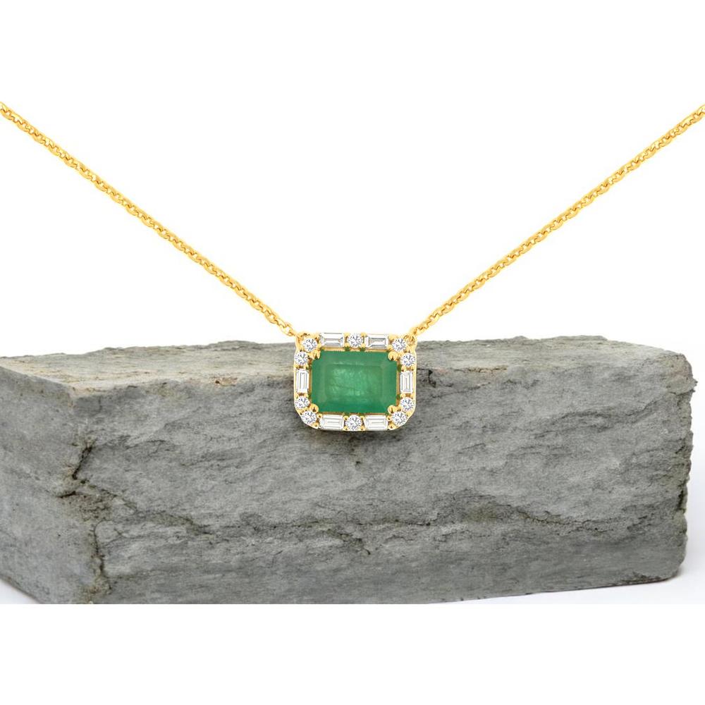 14K Yellow Gold Necklace with Emerald Cut Emerald and Diamond Halo Accent - 1.18 Carat Total Gem Weight - Royal Jewelry