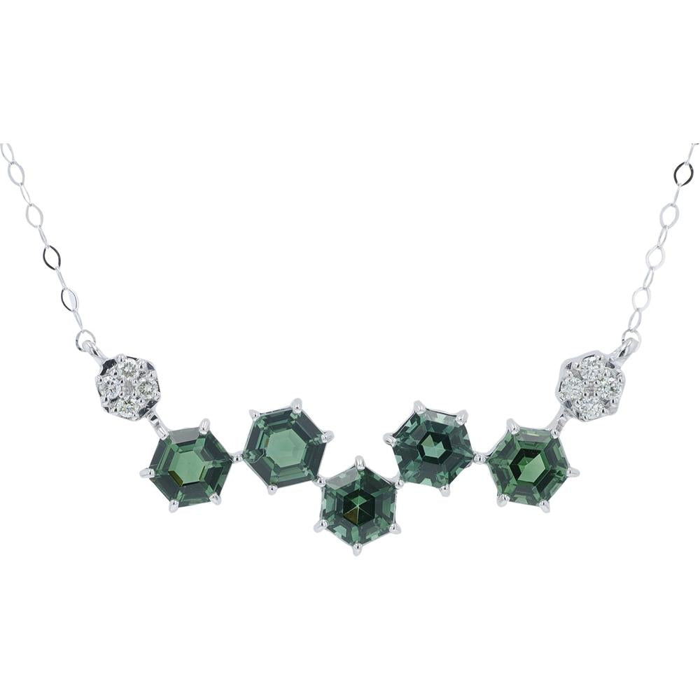 14K Yellow Gold Necklace with Hexagon Cut Green Tourmalines and Diamond Accents - 1.60 Carat Total Tourmaline, 0.06 Carat Total Diamonds