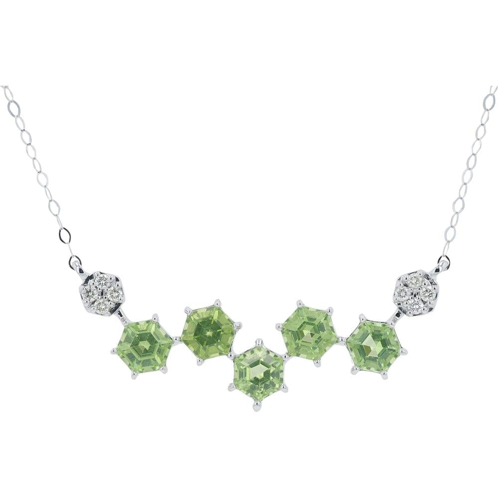 14K Yellow Gold Necklace with Hexagon - Cut Peridot - 1.50 - 2.00 Carat Total Peridot Weight with Diamond Accents - 0.06 Carat Total Diamond Weight