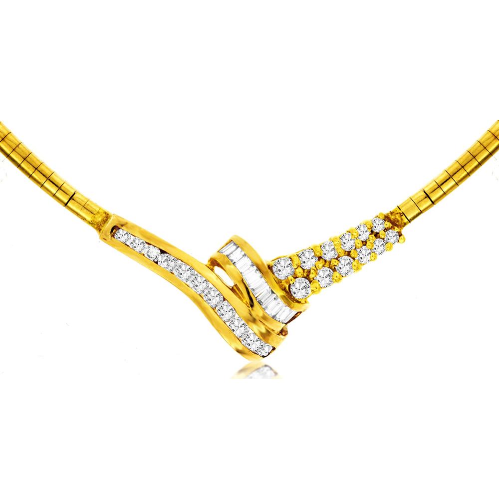 14K Yellow Gold Necklace with Round and Baguette Diamonds - 2.38 Carats Total Diamond Weight
