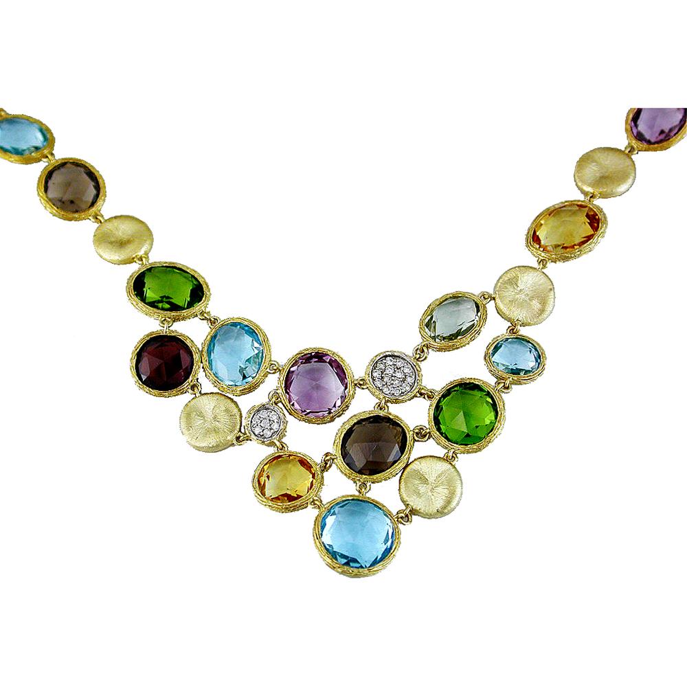 14K Yellow Gold Necklace with Round Blue Topaz, Amethyst, Smoky Topaz, and Diamond - 45.18 Carats Total Gem Weight