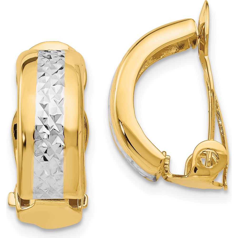 14K Yellow Gold Non-Pierced C-Hoop Earrings with Diamond-Cut Accents and White Rhodium Finish by Oro Pregiato