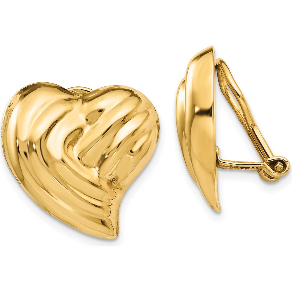 14K Yellow Gold Non-Pierced Hollow Heart Button Earrings - Polished Finish by Oro Pregiato