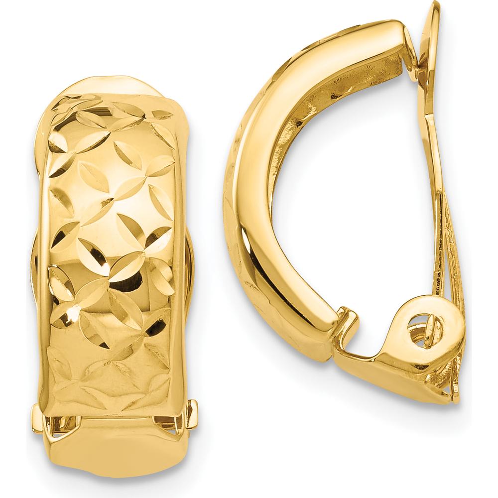 14K Yellow Gold Non-Pierced J-Hoop Earrings with Diamond-Cut Texture - 18mm Length by Oro Pregiato