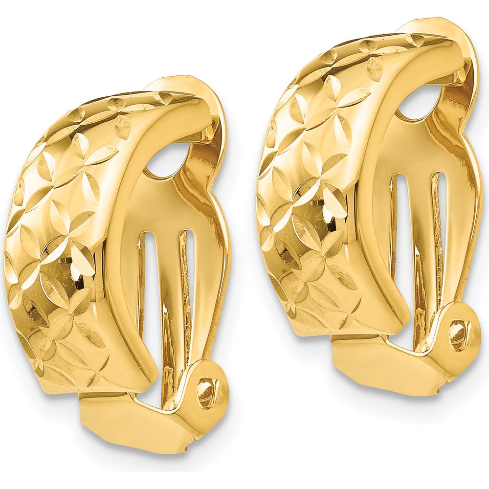 14K Yellow Gold Non-Pierced J-Hoop Earrings with Diamond-Cut Texture - 18mm Length by Oro Pregiato