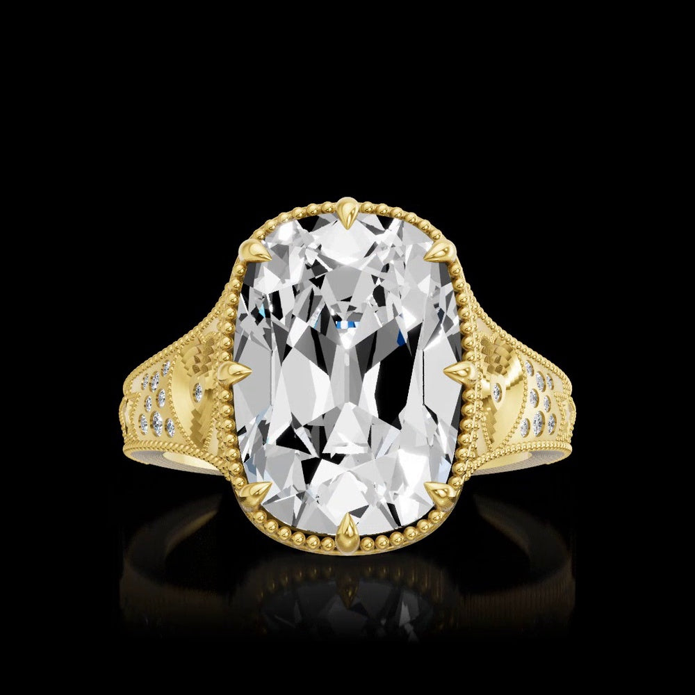 14K Yellow Gold North-South Antique Cushion Cut Lab Diamond Ring - 7.61 Carat Center Stone, 7.74 Carat Total Diamond Weight with Milgrain Detail and Split Shank - Covaloro Fine Jewelry