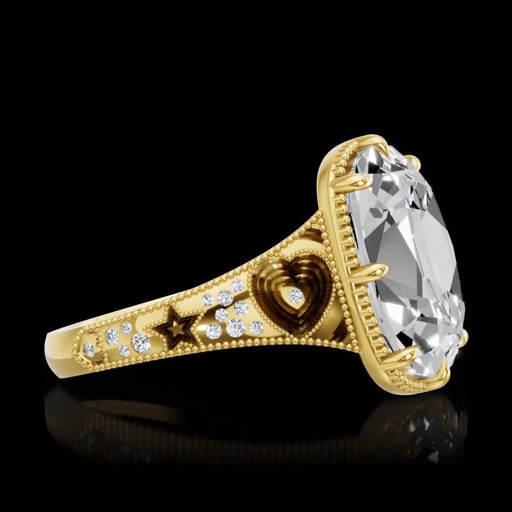 14K Yellow Gold North-South Antique Cushion Cut Lab Diamond Ring - 7.61 Carat Center Stone, 7.74 Carat Total Diamond Weight with Milgrain Detail and Split Shank - Covaloro Fine Jewelry
