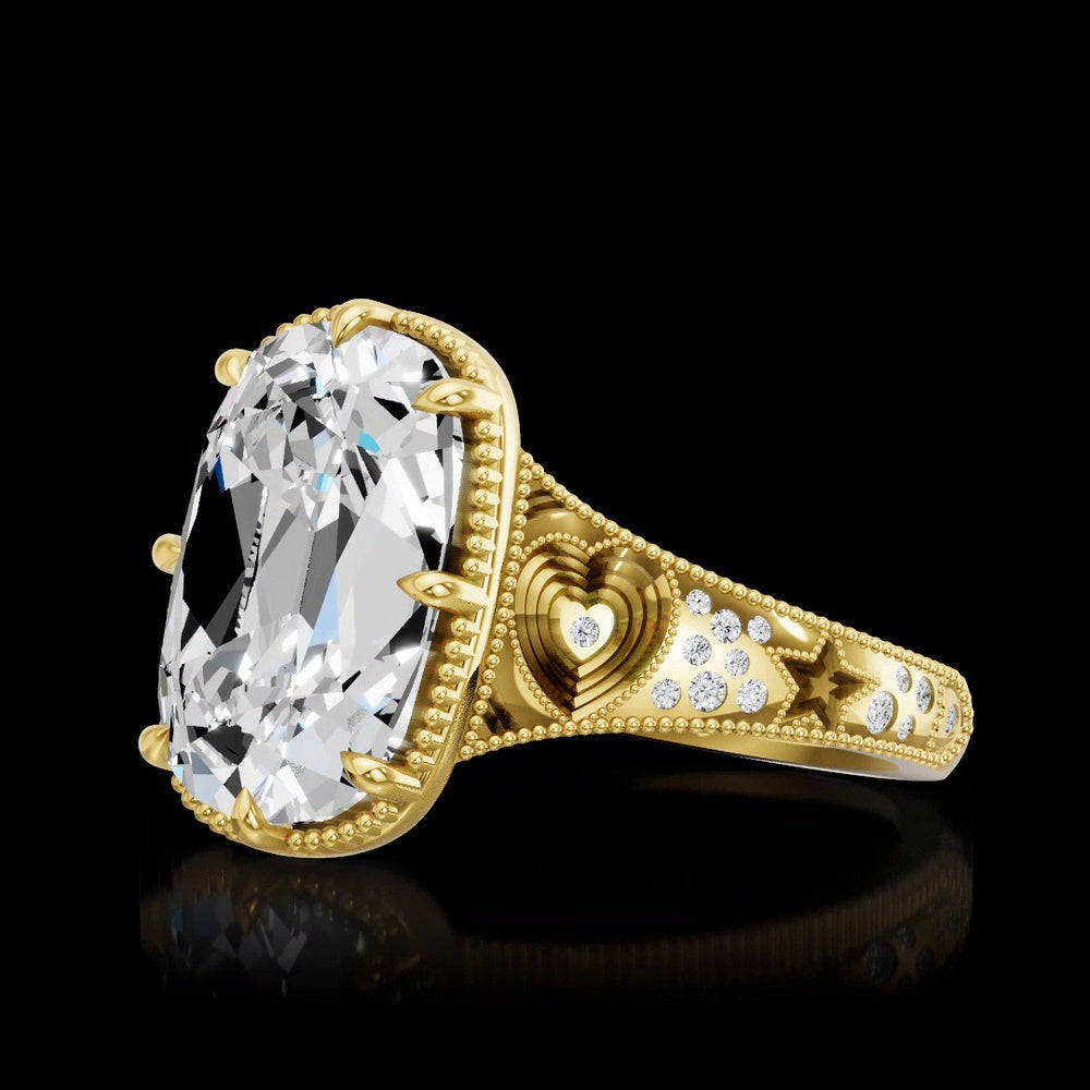 14K Yellow Gold North-South Antique Cushion Cut Lab Diamond Ring - 7.61 Carat Center Stone, 7.74 Carat Total Diamond Weight with Milgrain Detail and Split Shank - Covaloro Fine Jewelry