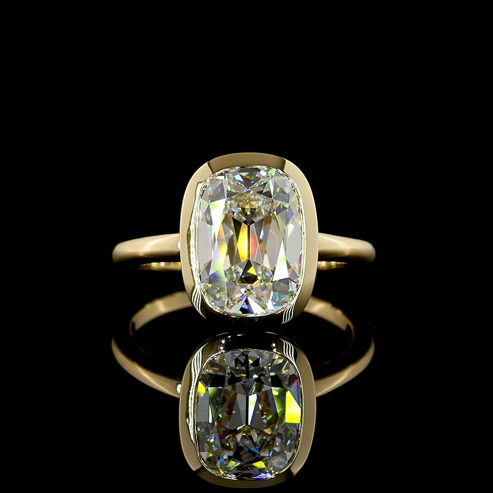 14K Yellow Gold North-South Bezel Set Antique Cushion Cut Lab Diamond Solitaire Ring - 3.88 Carats Total Diamond Weight F VVS2 IGI Certified - Covaloro Fine Jewelry