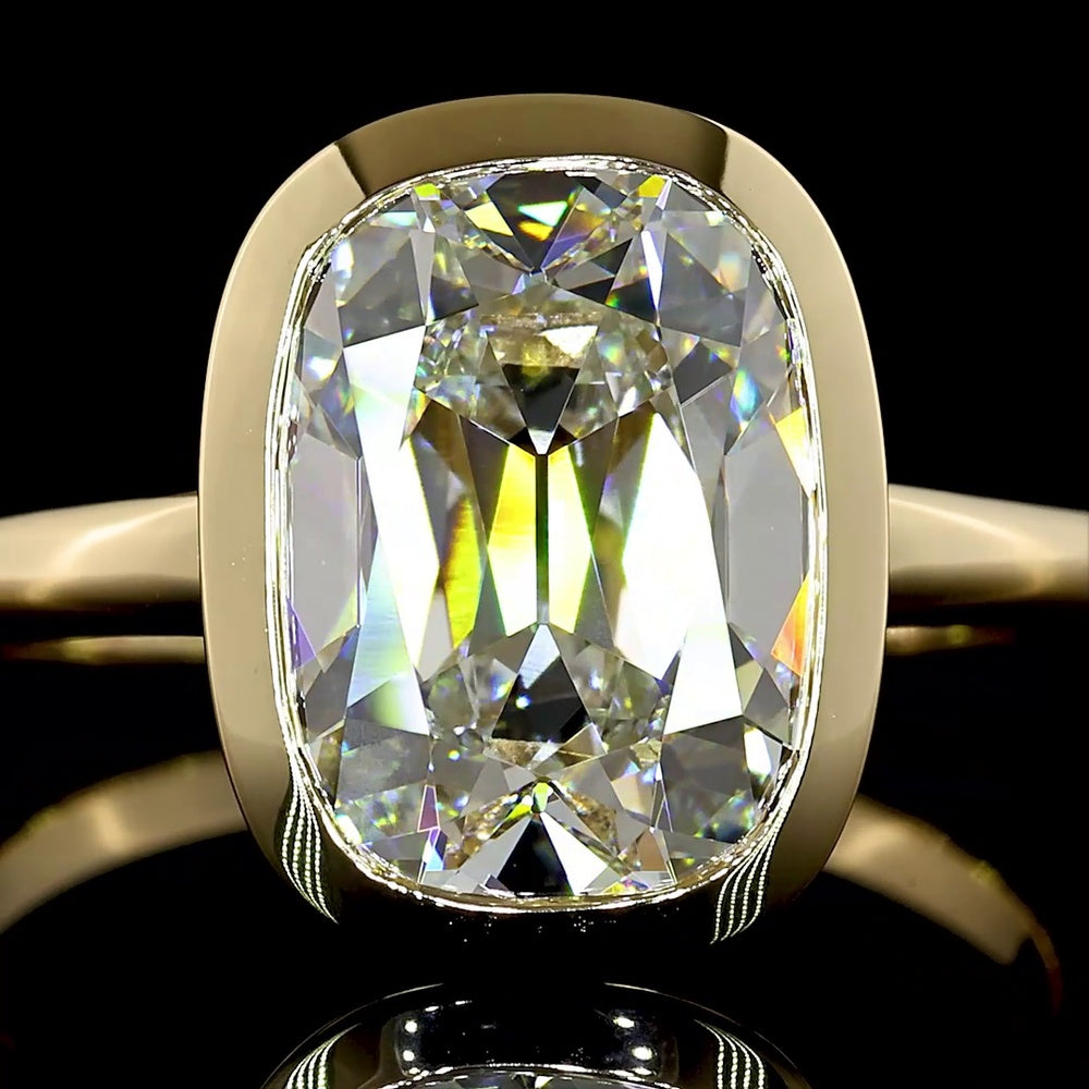 14K Yellow Gold North-South Bezel Set Antique Cushion Cut Lab Diamond Solitaire Ring - 3.88 Carats Total Diamond Weight F VVS2 IGI Certified - Covaloro Fine Jewelry