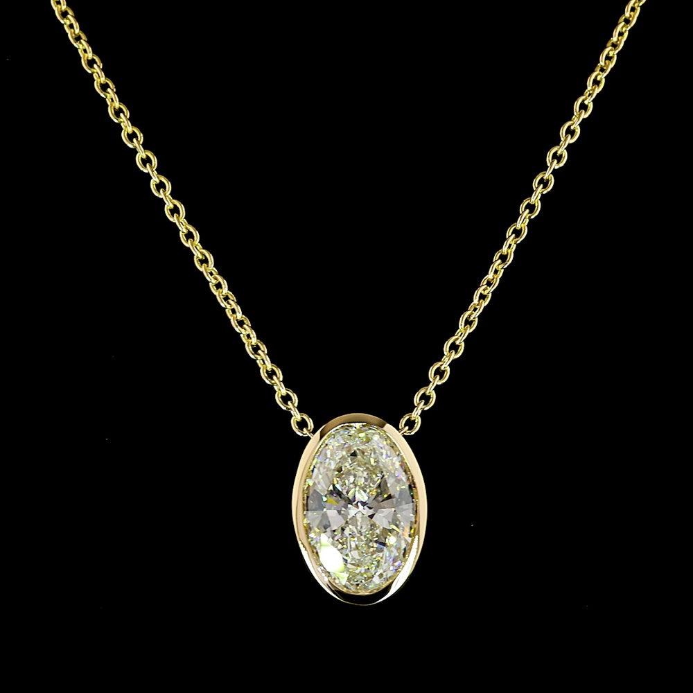 14K Yellow Gold North-South Bezel Set Oval Cut Lab Diamond Solitaire Pendant - 6.03 Carat Total Weight, E-F Color, VVS2 Clarity, IGI Certified - Covaloro Fine Jewelry