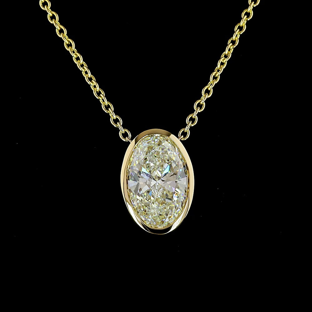 14K Yellow Gold North-South Bezel Set Oval Cut Lab Diamond Solitaire Pendant - 6.03 Carat Total Weight, E-F Color, VVS2 Clarity, IGI Certified - Covaloro Fine Jewelry
