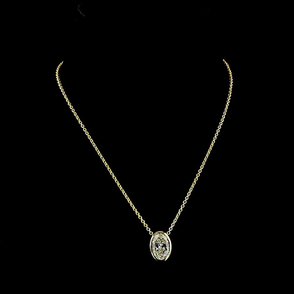 14K Yellow Gold North-South Bezel Set Oval Cut Lab Diamond Solitaire Pendant - 6.03 Carat Total Weight, E-F Color, VVS2 Clarity, IGI Certified - Covaloro Fine Jewelry