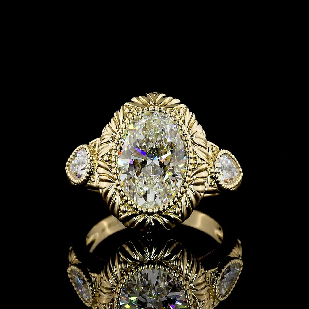 14K Yellow Gold North-South Bezel Set Oval Lab Diamond Ring with Pear Shape Side Stones - 3.68 Carat Total Weight - Covaloro Fine Jewelry
