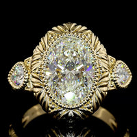 14K Yellow Gold North-South Bezel Set Oval Lab Diamond Ring with Pear Shape Side Stones - 3.68 Carat Total Weight - Covaloro Fine Jewelry