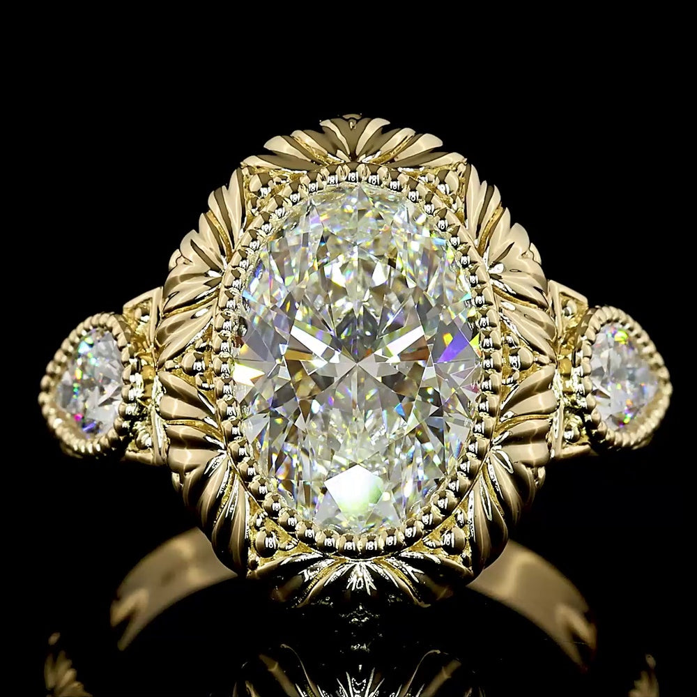 14K Yellow Gold North-South Bezel Set Oval Lab Diamond Ring with Pear Shape Side Stones - 3.68 Carat Total Weight - Covaloro Fine Jewelry