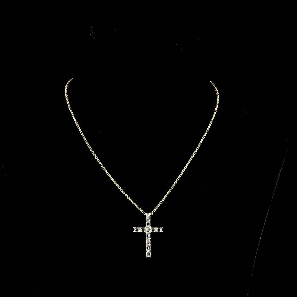 14K Yellow Gold North-South Cross Pendant with 2.22 Carat Emerald Cut Lab Grown Diamonds - E-F Color VS Clarity - Covaloro Fine Jewelry