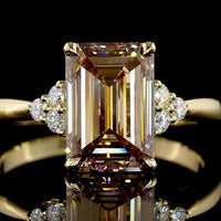 14K Yellow Gold North-South Emerald Cut Lab Created Color Stone Ring with Brilliant Cut Diamond Accents - 3.02 Carat Center Stone, 3.14 Total Carat Weight, IGI Certified - Covaloro Fine Jewelry