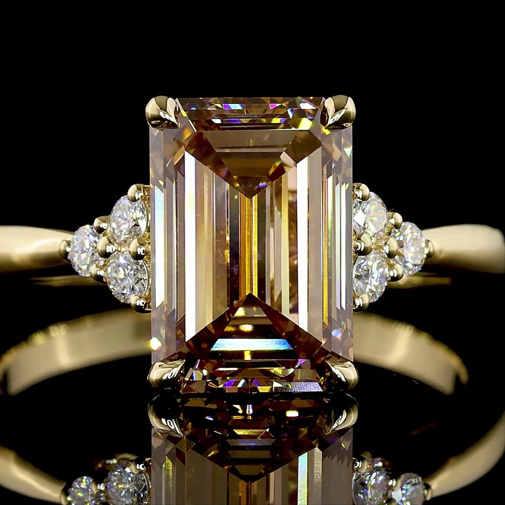 14K Yellow Gold North-South Emerald Cut Lab Created Color Stone Ring with Brilliant Cut Diamond Accents - 3.02 Carat Center Stone, 3.14 Total Carat Weight, IGI Certified - Covaloro Fine Jewelry
