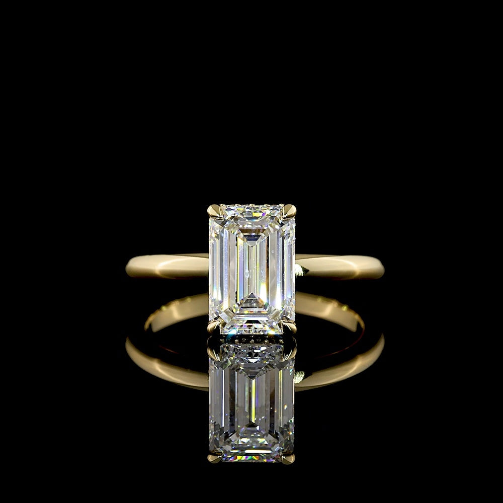 14K Yellow Gold North-South Emerald Cut Lab Diamond Hidden Halo Engagement Ring with D VVS2 Center and E VS1 Halo - 2.17 Carats Total Diamond Weight - Covaloro Fine Jewelry