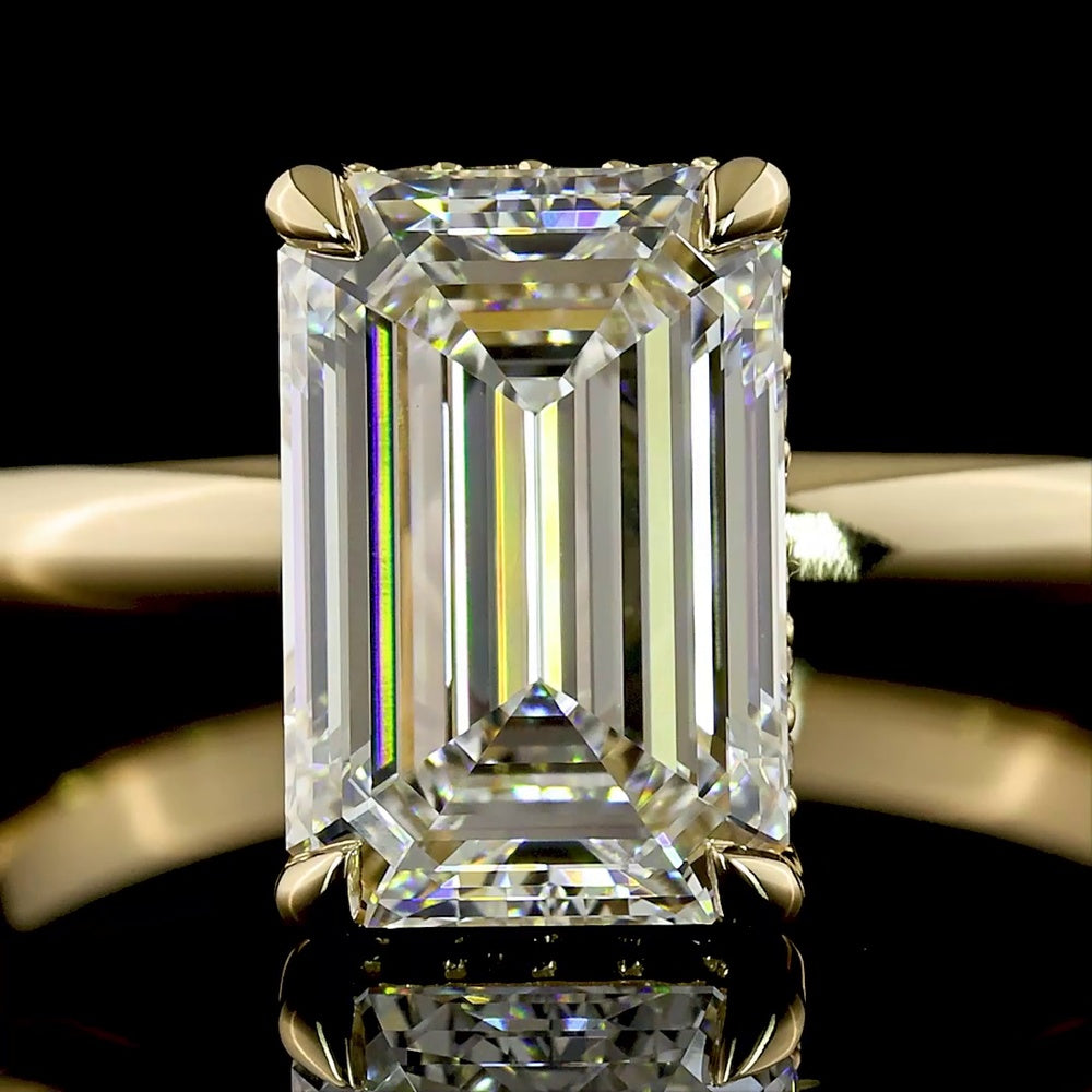 14K Yellow Gold North-South Emerald Cut Lab Diamond Hidden Halo Engagement Ring with D VVS2 Center and E VS1 Halo - 2.17 Carats Total Diamond Weight - Covaloro Fine Jewelry