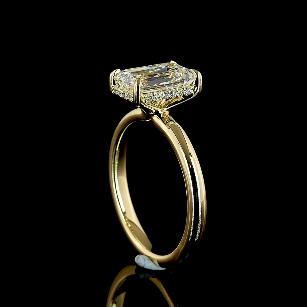 14K Yellow Gold North-South Emerald Cut Lab Diamond Hidden Halo Engagement Ring with D VVS2 Center and E VS1 Halo - 2.17 Carats Total Diamond Weight - Covaloro Fine Jewelry