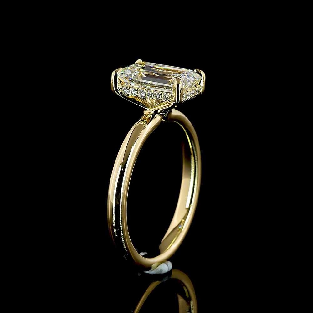 14K Yellow Gold North-South Emerald Cut Lab Diamond Hidden Halo Engagement Ring with D VVS2 Center and E VS1 Halo - 2.17 Carats Total Diamond Weight - Covaloro Fine Jewelry