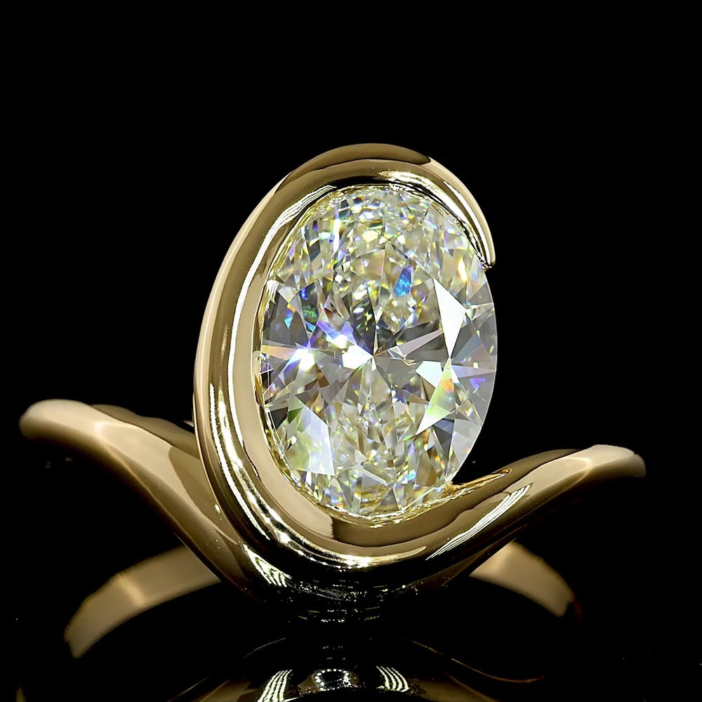 14K Yellow Gold North-South Half Bezel Solitaire Ring with 2.50 Carat Oval Cut Lab Diamond - E-F Color VS1 Clarity - Covaloro Fine Jewelry