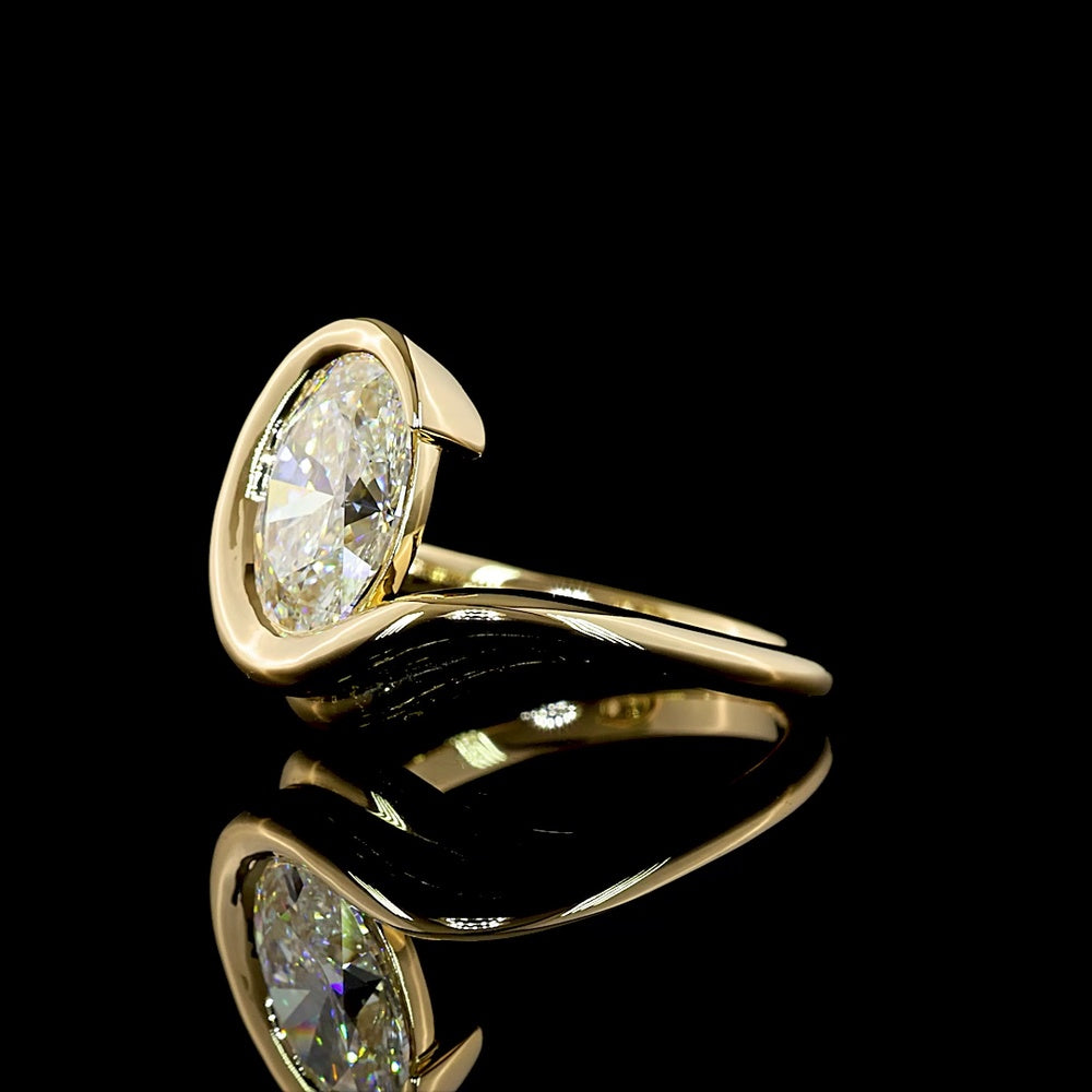 14K Yellow Gold North-South Half Bezel Solitaire Ring with 2.50 Carat Oval Cut Lab Diamond - E-F Color VS1 Clarity - Covaloro Fine Jewelry