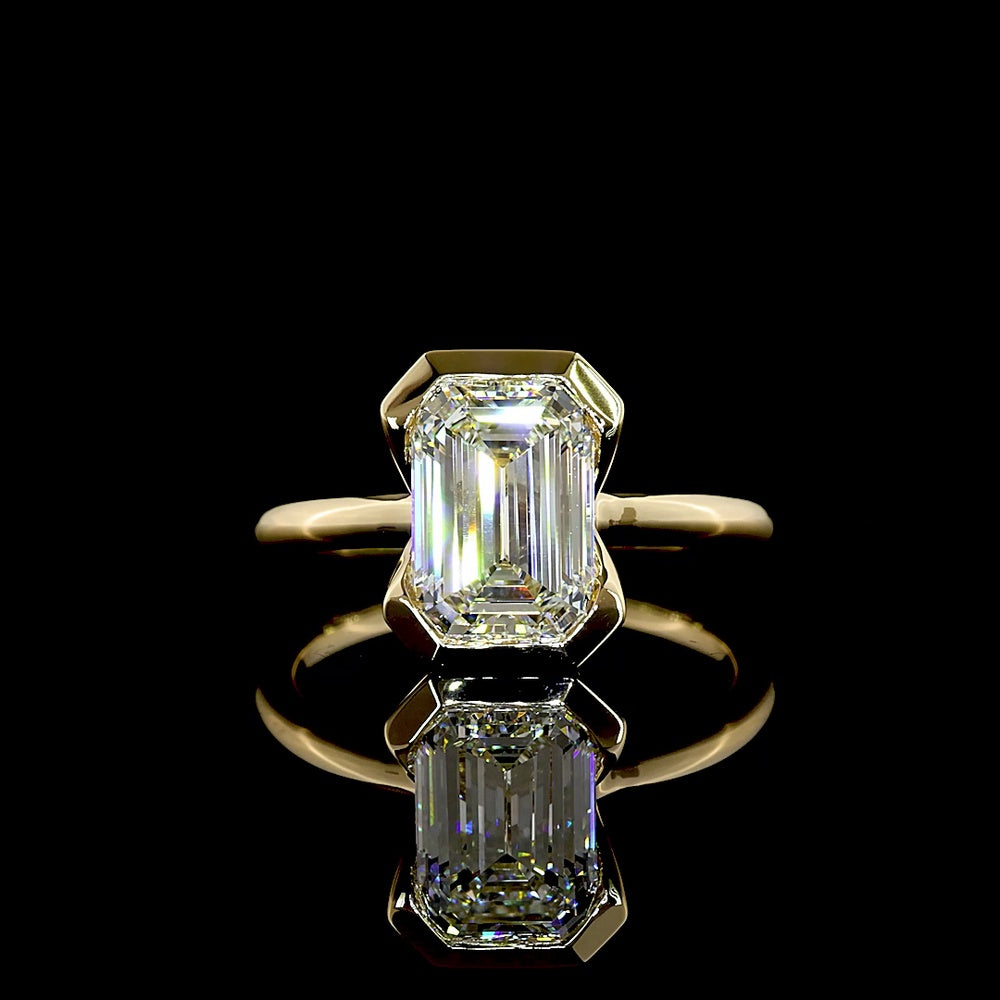 14K Yellow Gold North-South Half Bezel Solitaire Ring with 2.70 Carat IGI Certified Emerald Cut Lab Diamond - E-F Color, VVS2 Clarity - Covaloro Fine Jewelry