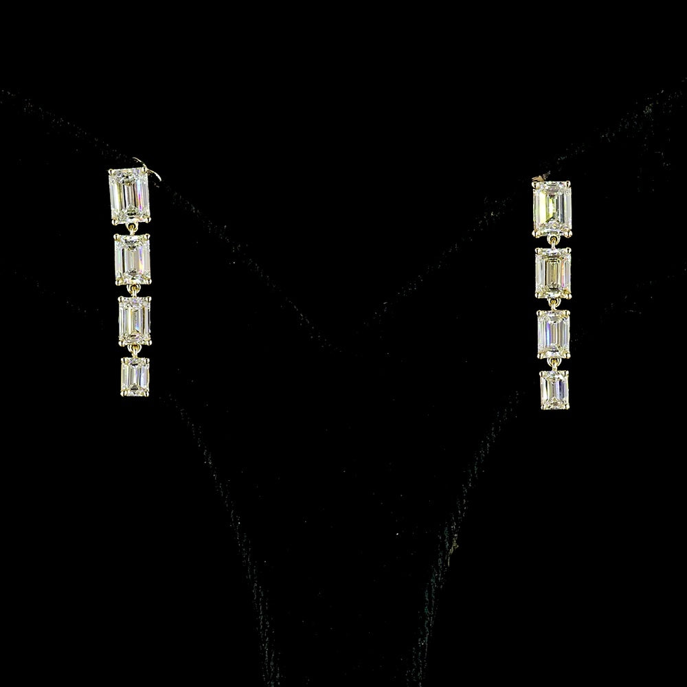 14K Yellow Gold North-South Hanging Earrings with 2.61 Carat Total Weight Emerald Cut Lab Diamonds - F VS2 & E VS1 - Covaloro Fine Jewelry