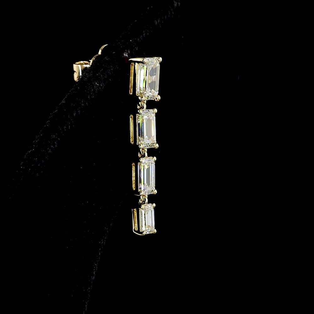 14K Yellow Gold North-South Hanging Earrings with 2.61 Carat Total Weight Emerald Cut Lab Diamonds - F VS2 & E VS1 - Covaloro Fine Jewelry