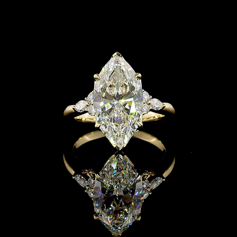 14K Yellow Gold North-South Marquise Cut Lab Diamond Ring with G VS1 Center and Accent Stones - 4.76 Carat Total Diamond Weight - Covaloro Fine Jewelry