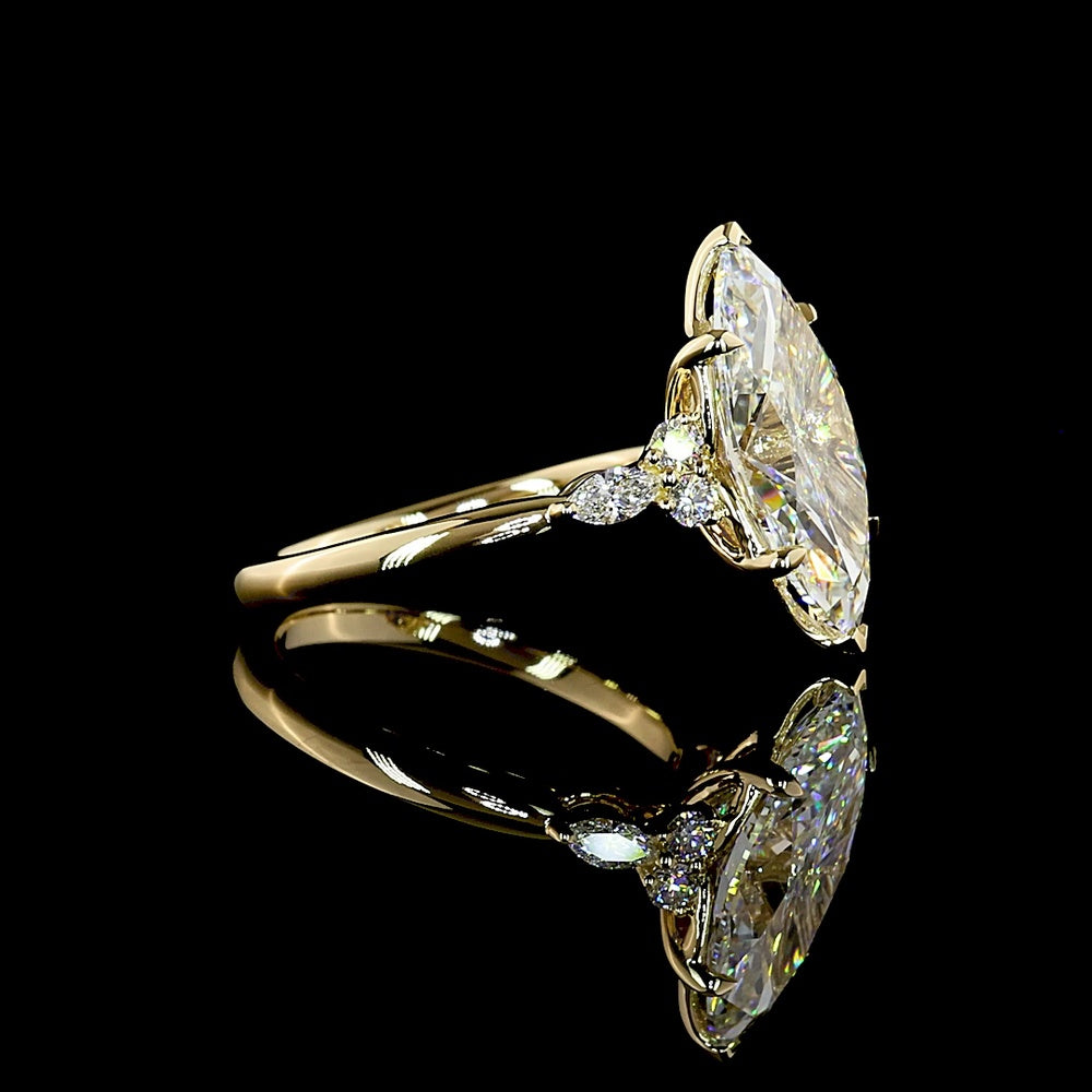 14K Yellow Gold North-South Marquise Cut Lab Diamond Ring with G VS1 Center and Accent Stones - 4.76 Carat Total Diamond Weight - Covaloro Fine Jewelry