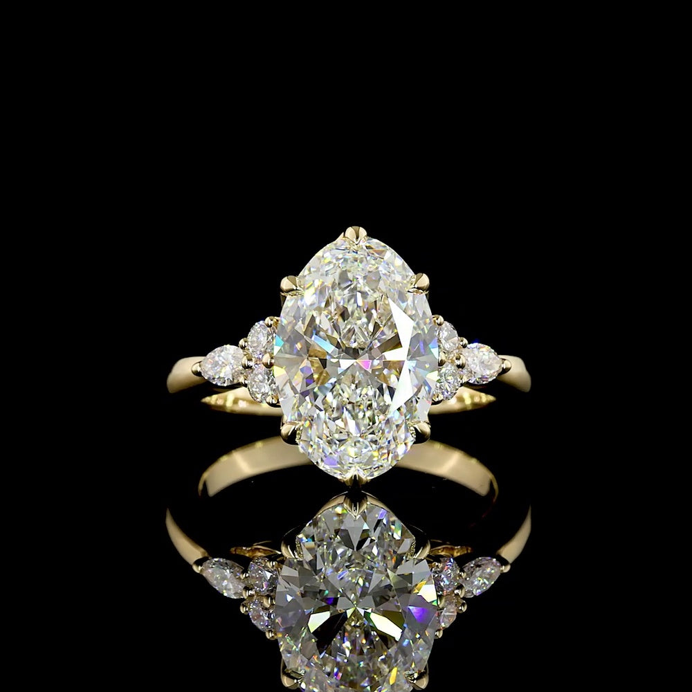 14K Yellow Gold North-South Oval Cut Lab Diamond Ring with Marquise and Round Accents - 3.31 Carat Total Diamond Weight, IGI Certified E-VS1 - Covaloro Fine Jewelry