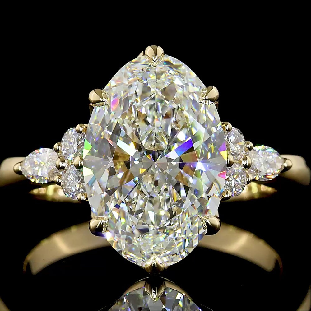 14K Yellow Gold North-South Oval Cut Lab Diamond Ring with Marquise and Round Accents - 3.31 Carat Total Diamond Weight, IGI Certified E-VS1 - Covaloro Fine Jewelry