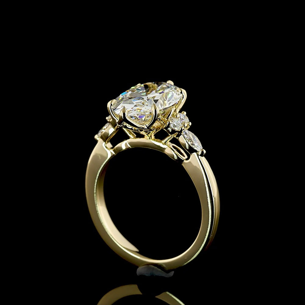 14K Yellow Gold North-South Oval Cut Lab Diamond Ring with Marquise and Round Accents - 3.31 Carat Total Diamond Weight, IGI Certified E-VS1 - Covaloro Fine Jewelry