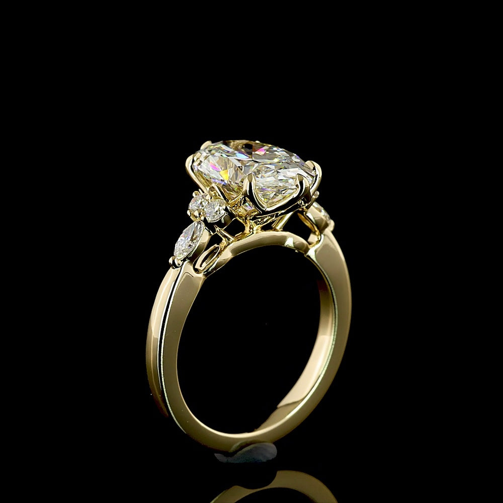14K Yellow Gold North-South Oval Cut Lab Diamond Ring with Marquise and Round Accents - 3.31 Carat Total Diamond Weight, IGI Certified E-VS1 - Covaloro Fine Jewelry