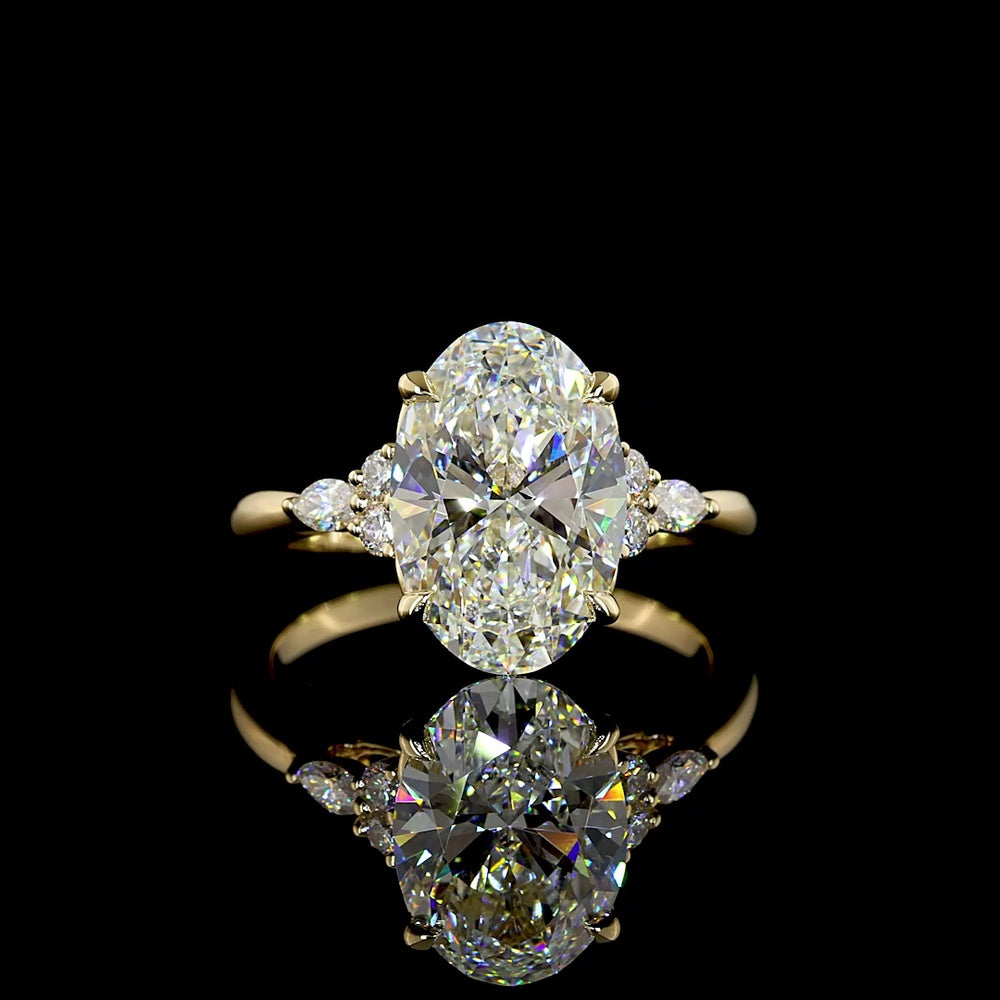 14K Yellow Gold North-South Oval Lab Diamond Ring with Marquise and Round Accents - 4.30 Carats Total Diamond Weight - Covaloro Fine Jewelry