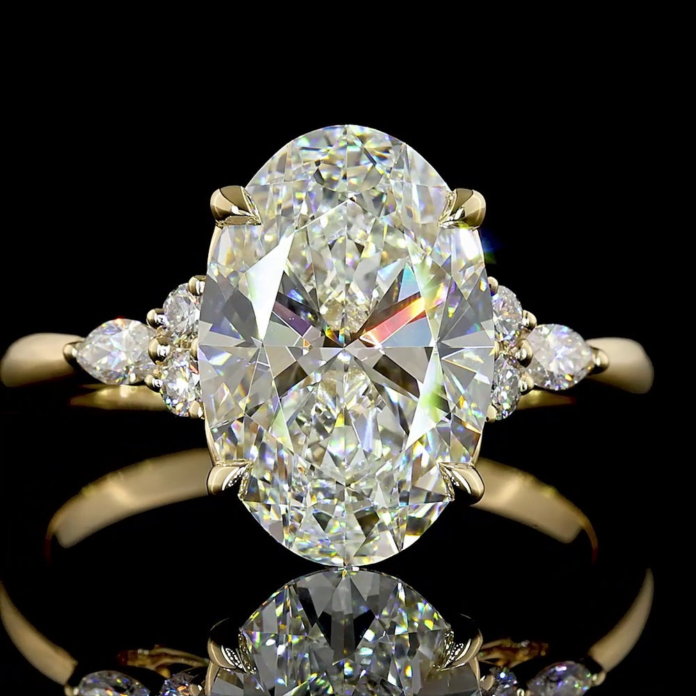 14K Yellow Gold North-South Oval Lab Diamond Ring with Marquise and Round Accents - 4.30 Carats Total Diamond Weight - Covaloro Fine Jewelry