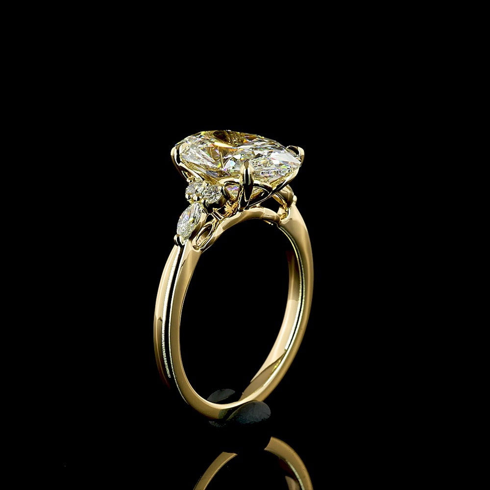 14K Yellow Gold North-South Oval Lab Diamond Ring with Marquise and Round Accents - 4.30 Carats Total Diamond Weight - Covaloro Fine Jewelry