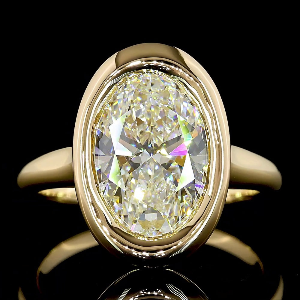 14K Yellow Gold North-South Oval Solitaire Ring with Bezel Set Lab Diamond - 4.07 Carat Total Diamond Weight, E-F Color VVS2 Clarity - Covaloro Fine Jewelry