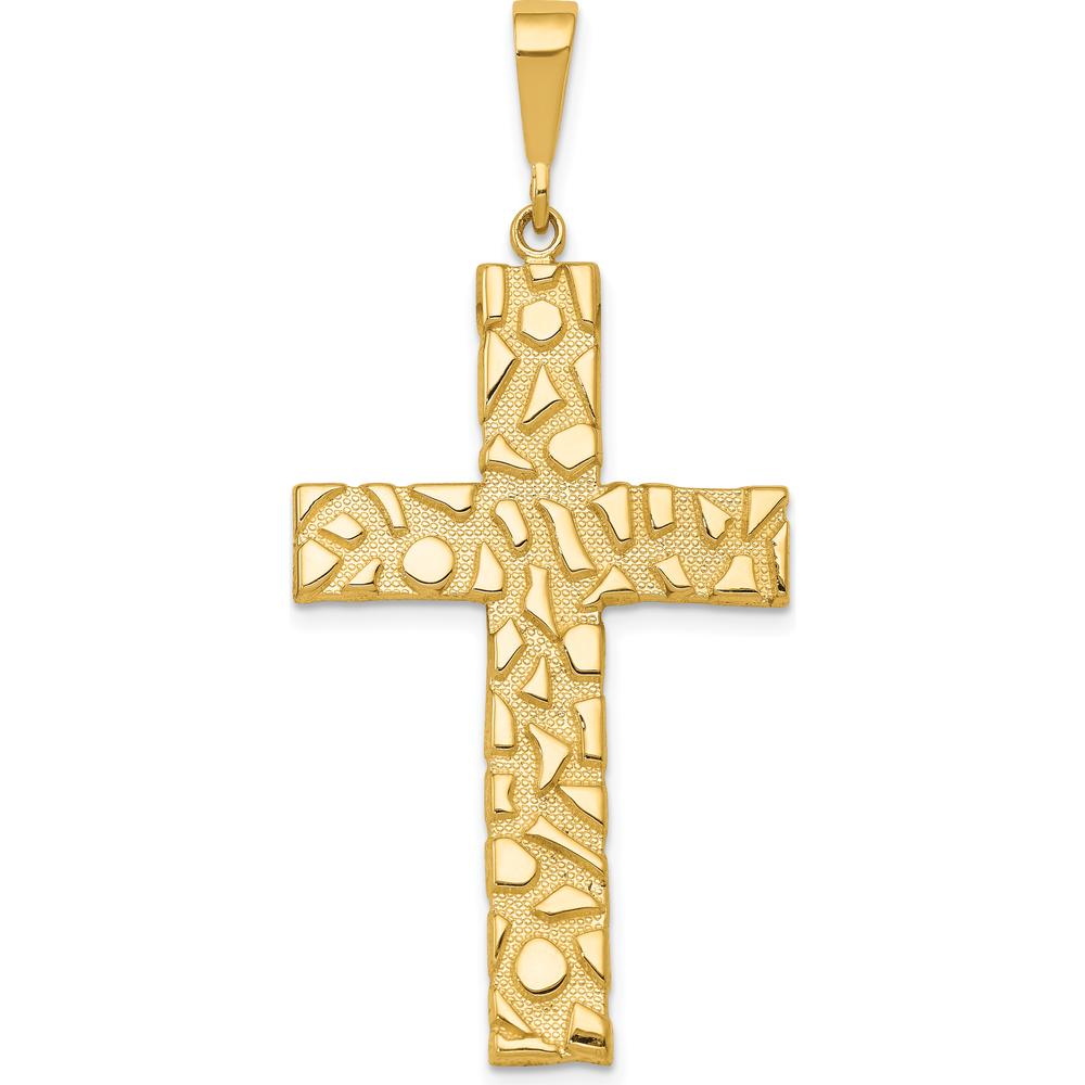 14K Yellow Gold Nugget Style Textured Cross Pendant - 50.5mm Long by Oro Pregiato